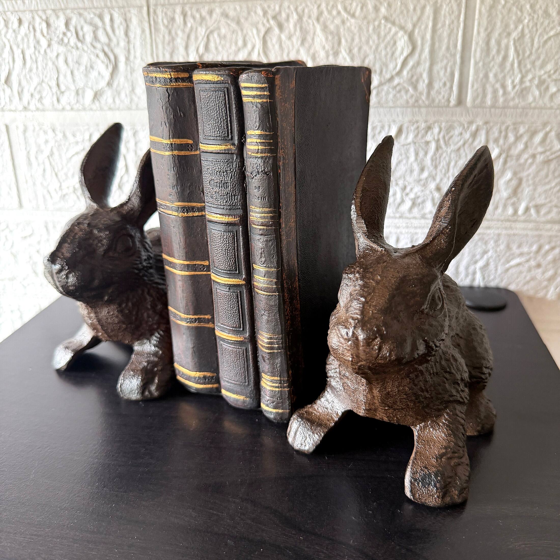 Alt View 3. Things2Die4 - Decorative Bunny Bookends Set of 2 Cast Iron Brown Rabbit Book Holders 5 In - Brown.