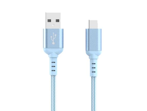 Angle. Cable Leader - USB 2.0 USB-A to USB-C Braided Charging Cable, Tangle-Free Nylon, 3A Fast Charge for Phone, Tablet - Blue.
