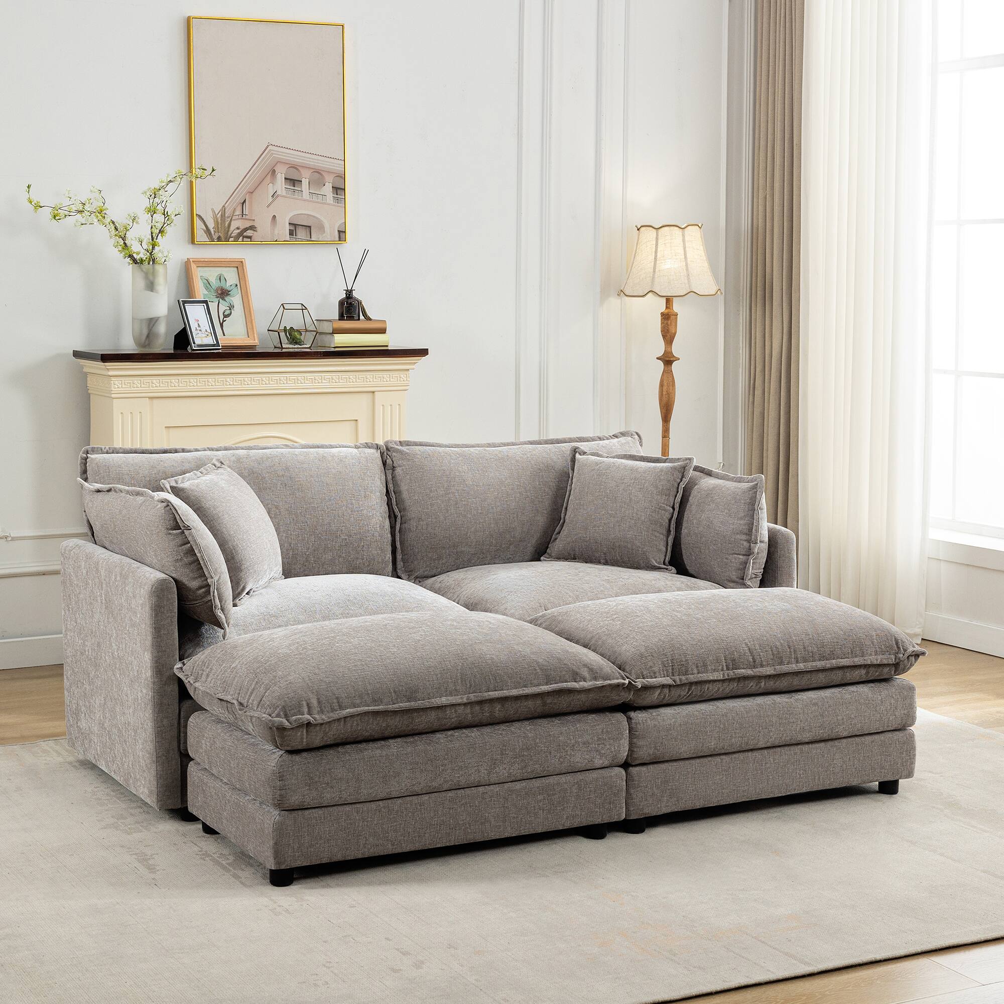 Alt View 4. KERDOM - Loveseat Sofa Modular Sectional Sofa Small Couch with 2 Ottomans & Pillows for Small Space Convertible 2 Seater Couch - Grey.