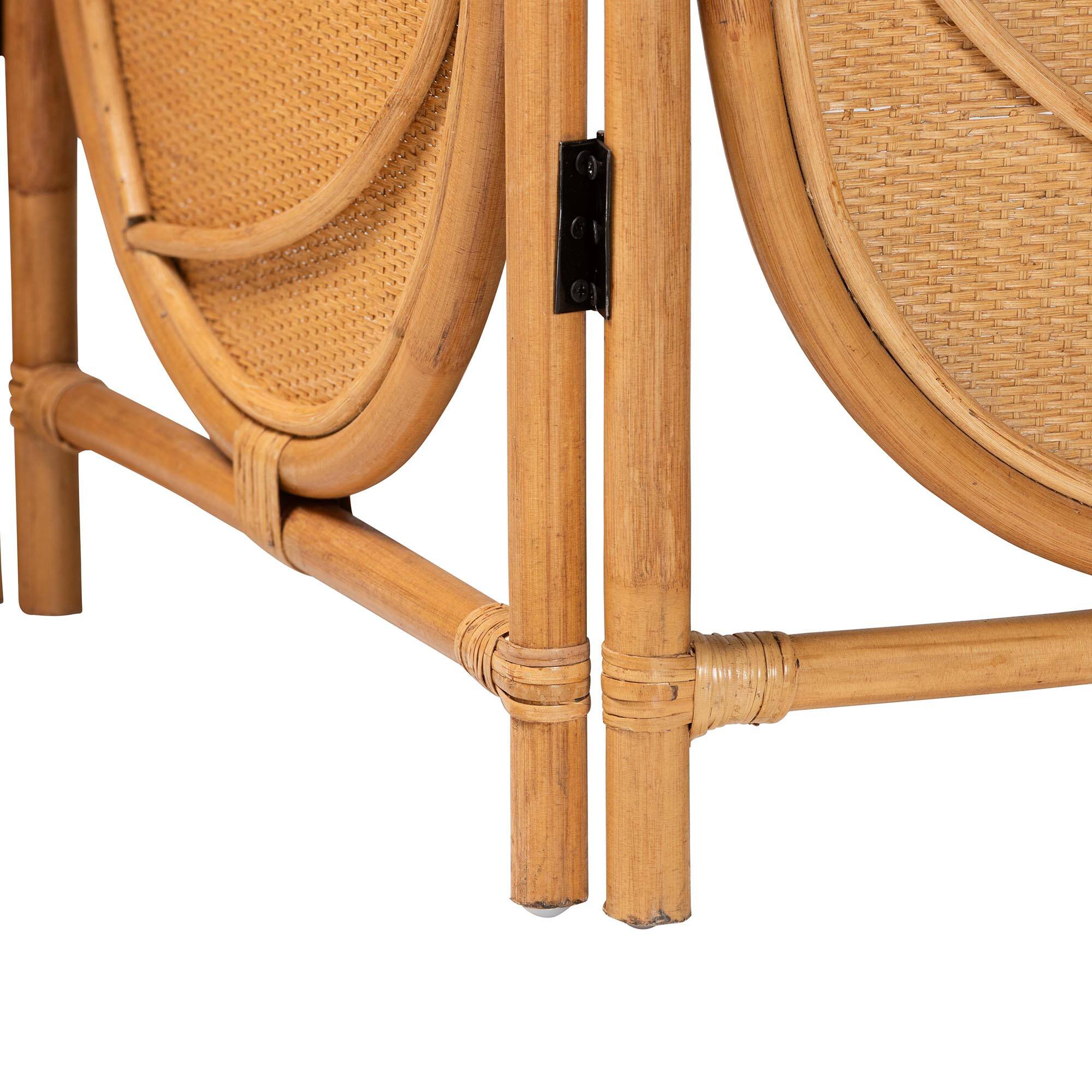 Back. bali & pari - Kiyoko Natural Rattan Room Divider - Handwoven Wicker Tri-Fold Decorative Privacy Screen with Woven Leaf Motif - Light Honey.