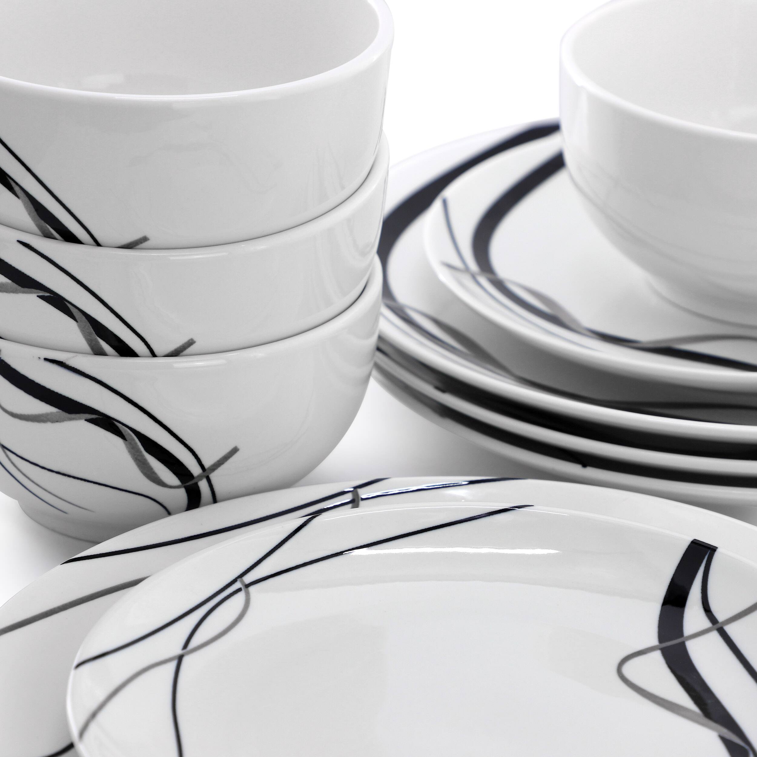 Alt View 4. Elama - Elama Sarah 12 Piece Porcelain Black Ribbon Dinnerware Set, Service for 4 in White and Black - White.