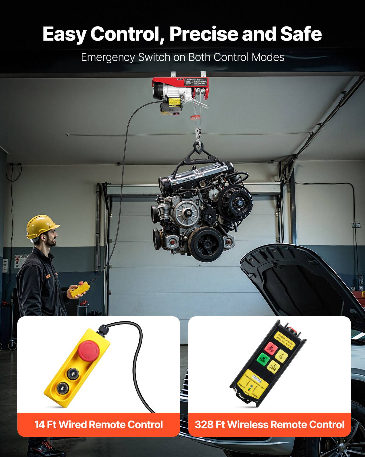 Easy Control, Precise and Safe Emergency Switch on Both Control Modes

- I vleson - K0 - Colonar - SUe - N - Ie 1 M P START 5OWN i 14 Ft Wired Remote Control 328 Ft Wireless Remote Control