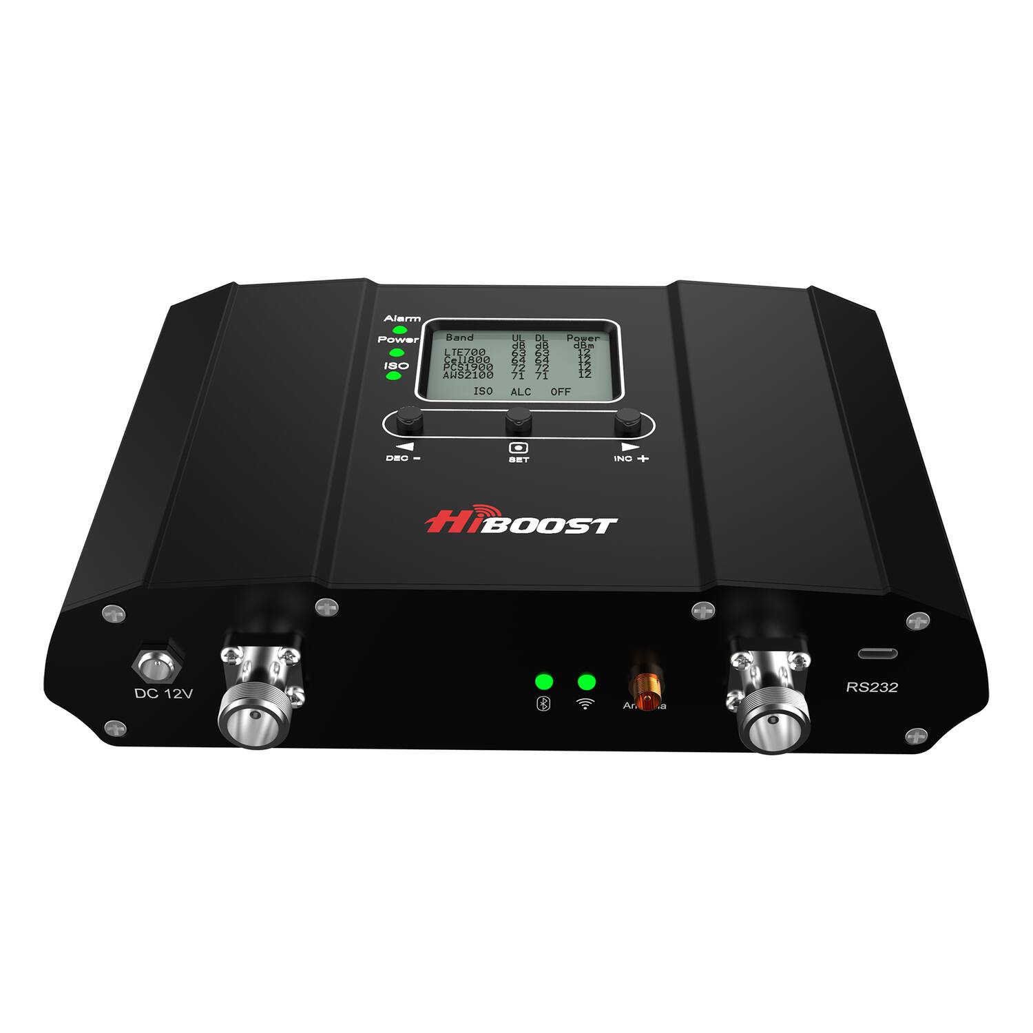 Sure, here is the corrected and grouped text from the image:

- Alarm Power Band LL DL Peger d0d0 do do i 1E700 2 D2 12 CeLLAsS G4 P BO CA H e POS19 22 AUS210D 71 71 12 I5O ALC OFF DRO .T IN HiBOOST DC 12V A - RS232

- Alarm Power
  - Band
    - LTE700
    - ARS2100
    - ISO
  - 180
  - LC OFF

- DC 12V

- RS232

- HiBOOST