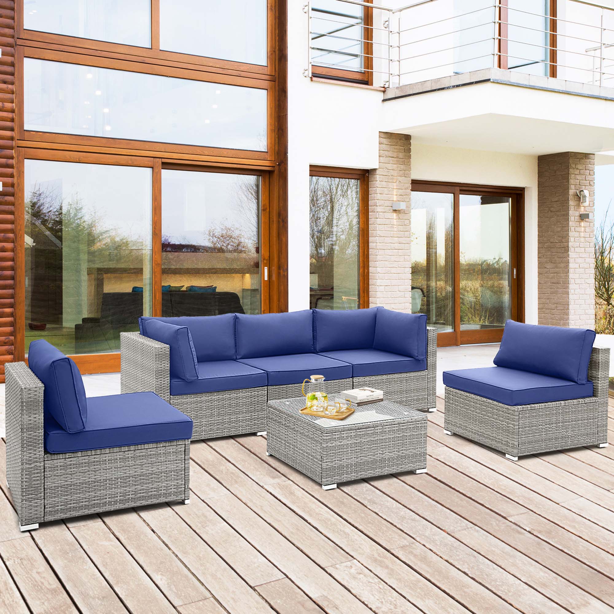 Alt View 3. Costway - Costway 6 PCS Patio Conversation Sofa Set Outdoor Rattan Furniture Cushioned Seat - Mix Gray,Navy.