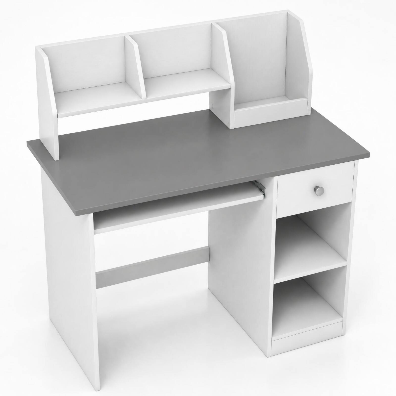 Alt View 9. Costway - Costway Kids Study Desk with Keyboard Tray & Drawer, Side Bookshelf & Upper Shelves - White + Gray.