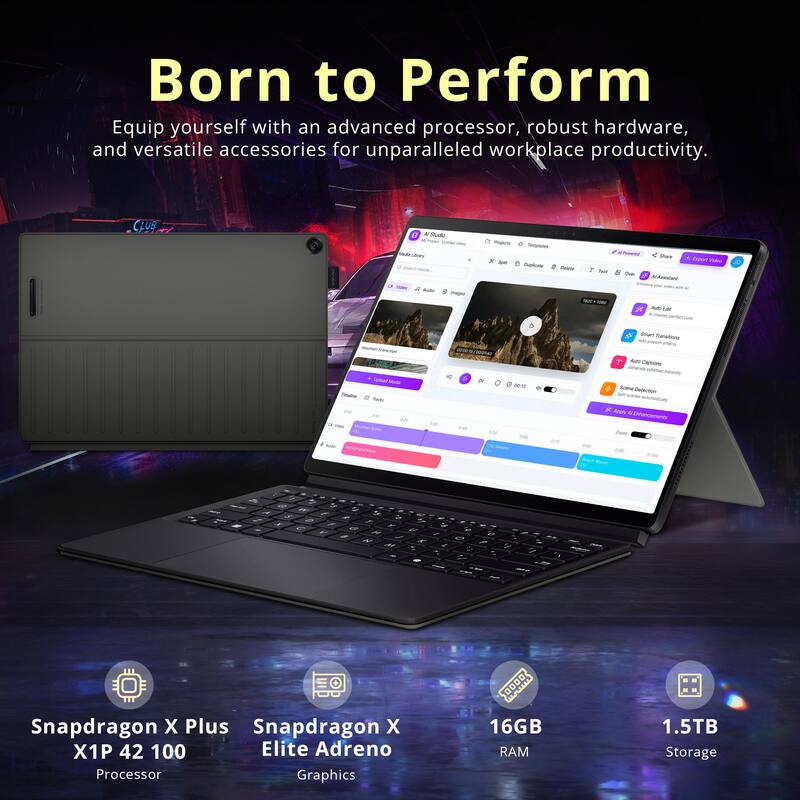 Born to Perform

Equip yourself with an advanced processor, robust hardware, and versatile accessories for unparalleled workplace productivity.

- Snapdragon X Plus X1P 42 100 Processor
- Snapdragon X Elite Adreno Graphics
- 16GB RAM
- 1.5TB Storage