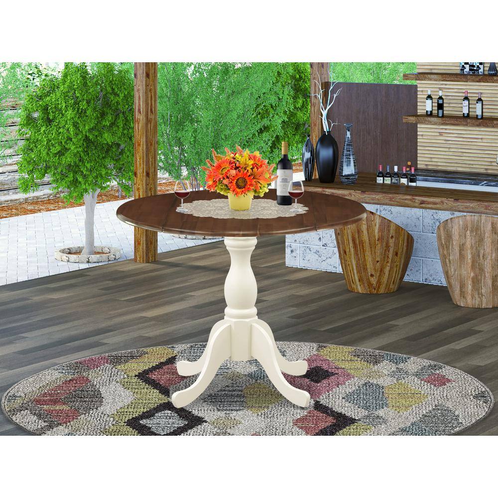 Angle. East West Furniture - East West Furniture Kitchen Table with Drop Leaf - Walnut Table Top and Linen White Pedestal Leg Finish - Multi-Color.