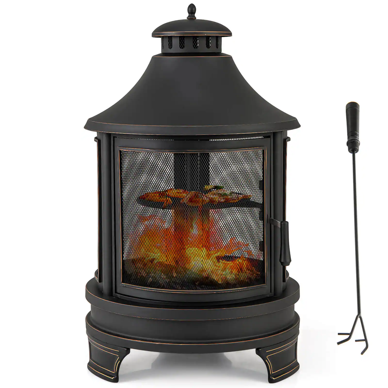 Front. Costway - 30 Inch Outdoor Fire Pit Chiminea w/ Grill Chimney Spark Screen Door Fire Poker - Black.