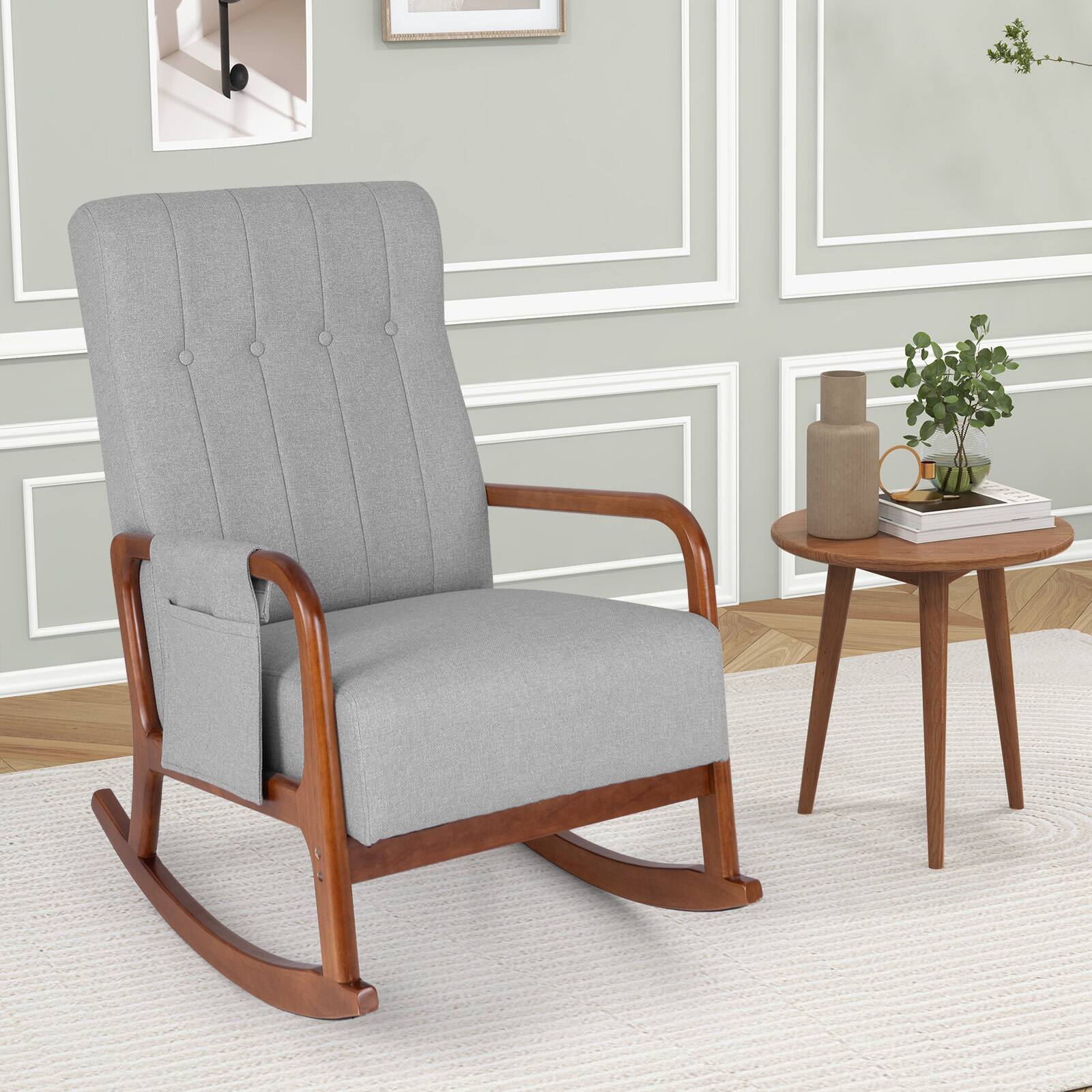 Alt View 1. Ecooso - Rocking Chair with Ottoman, Solid Rubber Wood Frame and Cushioned Seat - Gray.
