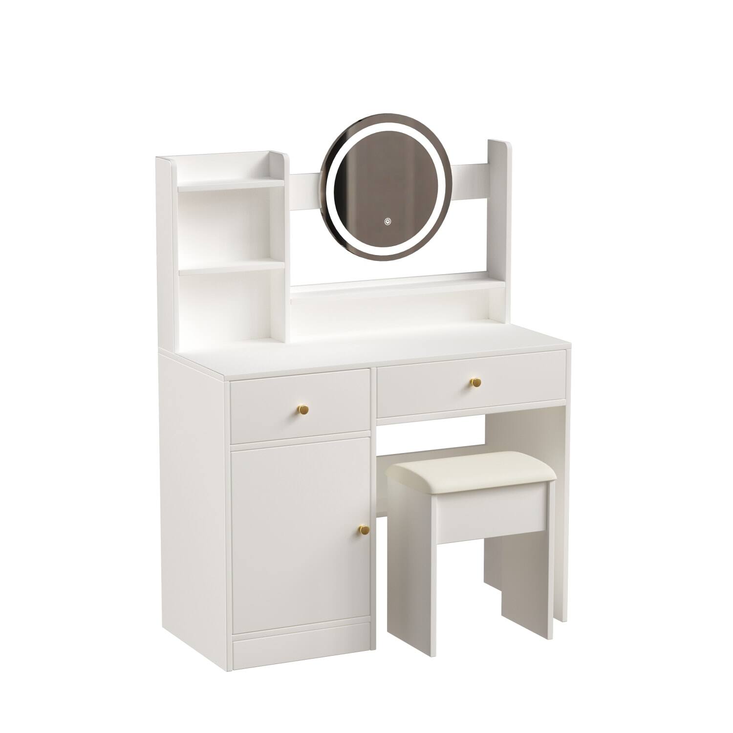 Left. Lirago - White Wood Dresser Table Desk with Mirror and Lights Dressing Table for Makeup 35.4" W x 15.7" D x 52" H - White.