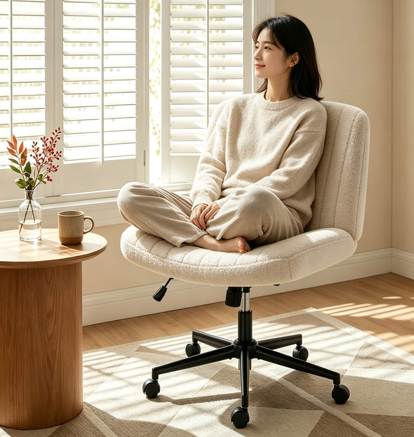 Sweet - Criss Cross Office Chair with Wheels, Wide Seat Armless Desk Vanity Chair, Teddy Velvet - Beige