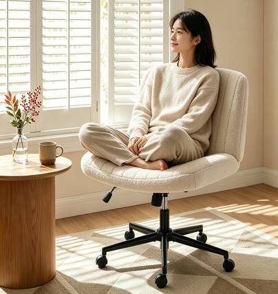 Front. Sweet - Criss Cross Office Chair with Wheels, Wide Seat Armless Desk Vanity Chair, Teddy Velvet, Beige - Beige.