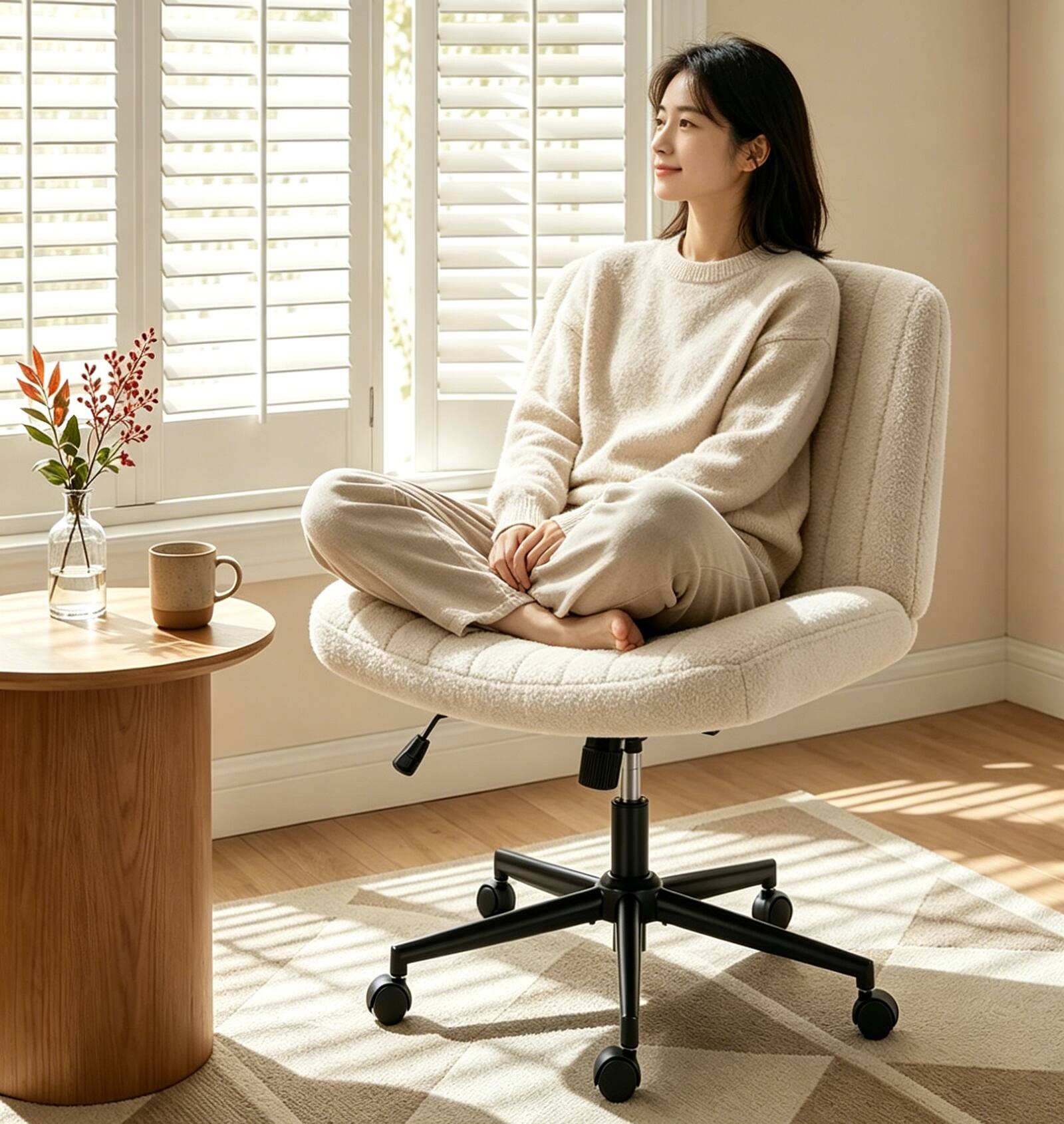 Front. Sweet - Criss Cross Office Chair with Wheels, Wide Seat Armless Desk Vanity Chair, Teddy Velvet, Beige - Beige.
