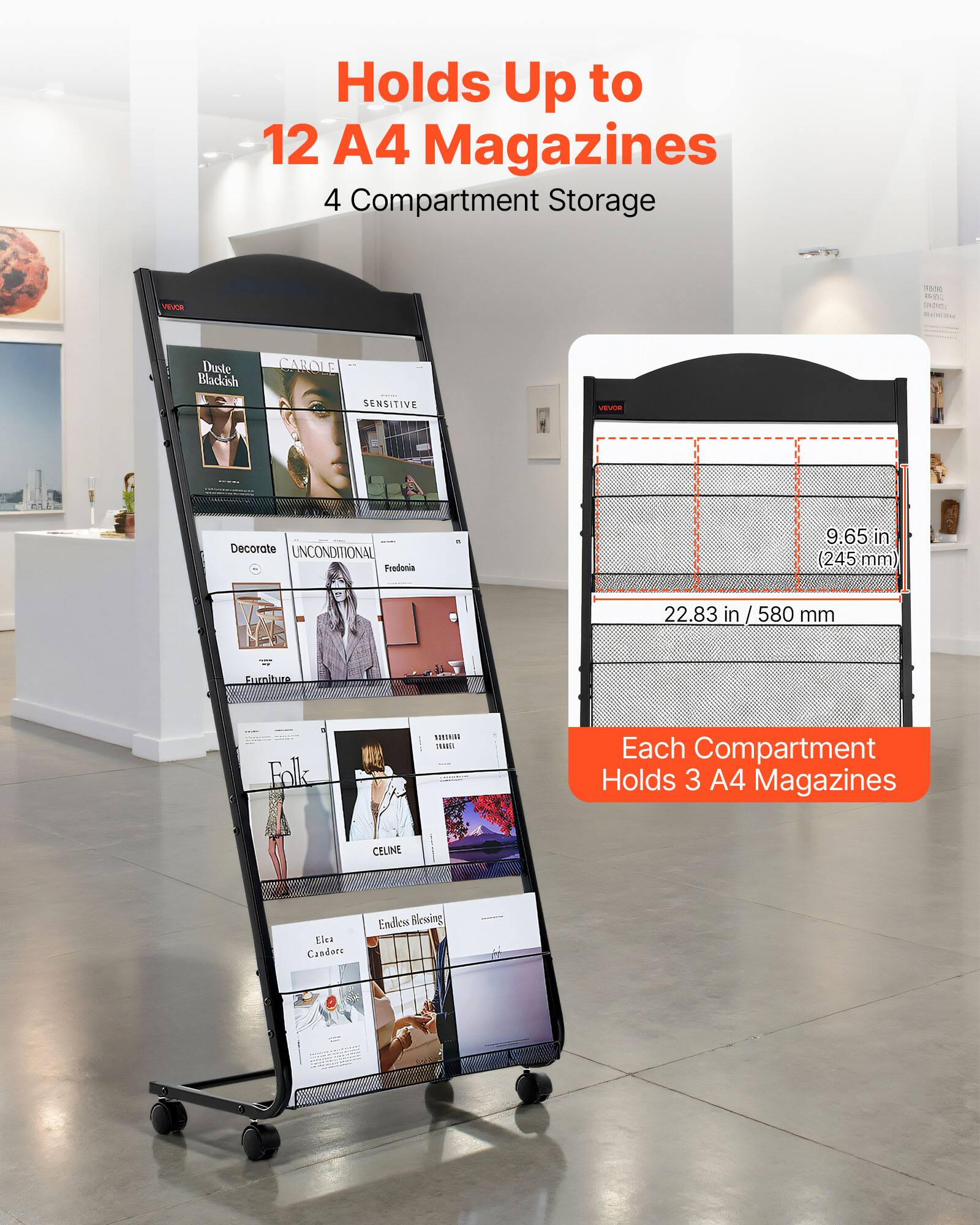 Holds Up to 12 A4 Magazines  
4 Compartment Storage  

Each Compartment Holds 3 A4 Magazines  

Dimensions:  
9.65 in (245 mm)  
22.83 in / 580 mm
