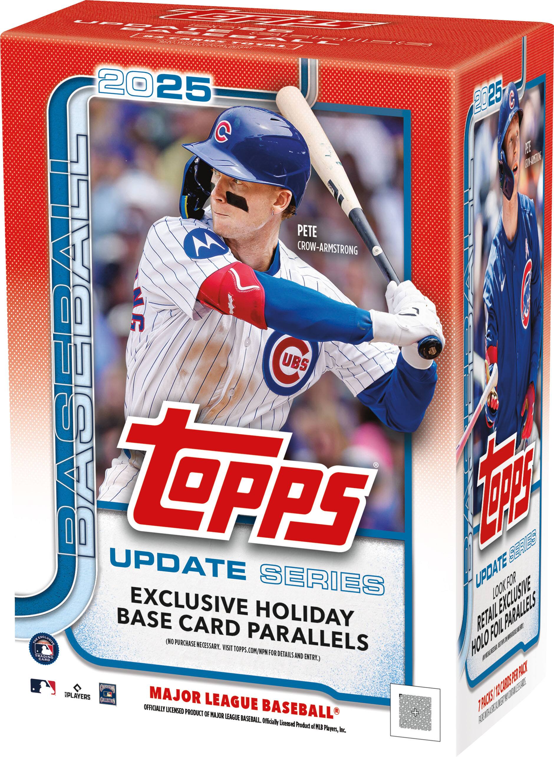 Sure, here is the corrected and grouped text from the image:

---

**2025**

**UPDATE SERIES**

**EXCLUSIVE HOLIDAY BASE CARD PARALLELS**

(NO PURCHASE NECESSARY. VISIT TOPPS.COM/NPM FOR DETAILS AND ENTRY)

**MAJOR LEAGUE BASEBALL**

OFFICIALLY LICENSED PRODUCT OF MLB PLAYERS, INC.

**PETE CROW-ARMSTRONG**

**UBS**

**TOPPS**

**UPDATE SERIES**

**EXCLUSIVE HOLIDAY BASE CARD PARALLELS**

(NO PURCHASE NECESSARY. VISIT TOPPS.COM/NPM FOR DETAILS AND ENTRY)

**MAJOR LEAGUE BASEBALL**

OFFICIALLY LICENSED PRODUCT OF MLB PLAYERS, INC.

**7 PACKS 120 CARDS PER PACK**

**7 PACKS 120 CARDS PER PACK**

**7 PACKS 120 CARDS PER PACK**

**7 PACKS 120 CARDS PER PACK**

**7 PACKS 120 CARDS PER PACK**

**7 PACKS 120 CARDS PER PACK**

**7 PACKS 120 CARDS PER PACK**

**7 PACKS 120 CARDS PER PACK**

