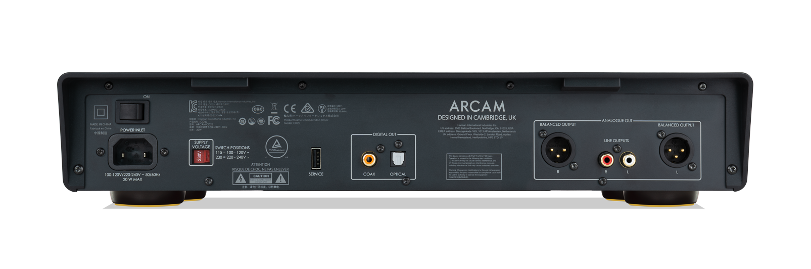 ON MADE DE CHINA POWER NLET 100-120V/220-240V 50/60Hz 20 W MAX

SUPPLY VOLTAGE SWITCH POSITIONS 115=100-120V 230V 220 240V ATTENTION RISQUE DE CHOC NE PAS ENLEVER SERVICE CAUTION

DIGITAL OUT COAX OPTICAL

ARCAM DESIGNED IN CAMBRIDGE, UK USA MI

BALANCED OUTPUT ANALOGUE OUT LINE OUTPUTS F

BALANCED OUTPUT
