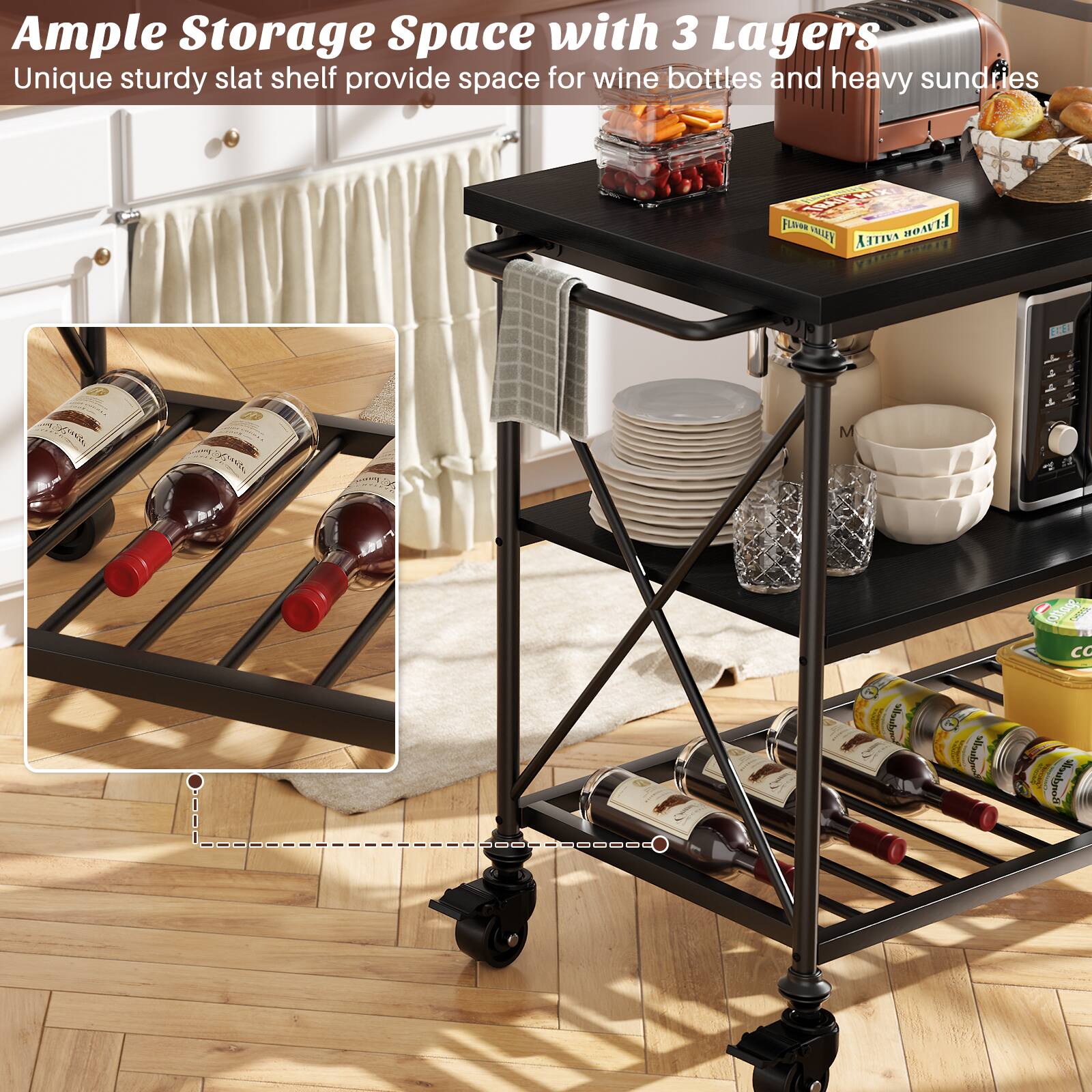 Ample Storage Space with 3 Layers  
Unique sturdy slat shelf provides space for wine bottles and heavy sundries