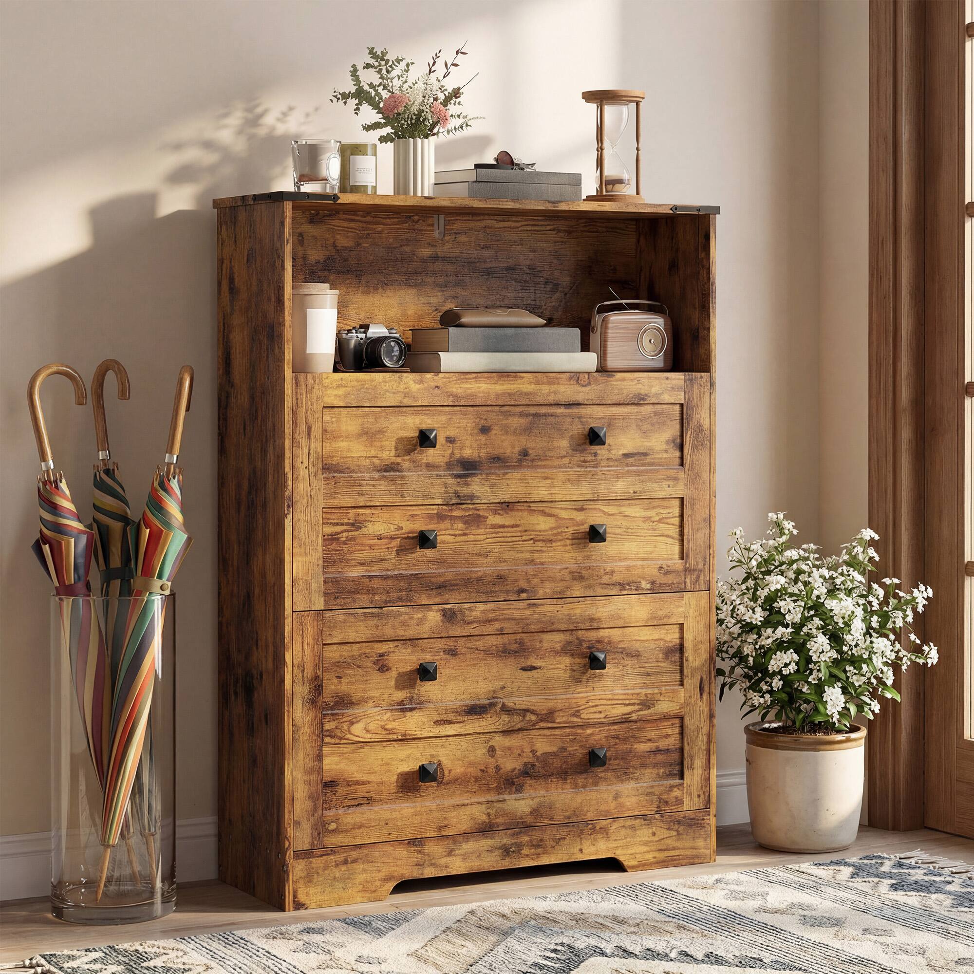 Alt View 8. Homcom - Cabinet with 2 Flip Drawers, Narrow Shoe Storage Cabinet - Rustic Brown.