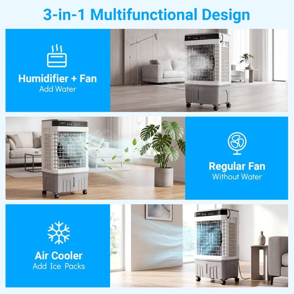 3-in-1 Multifunctional Design  
Humidifier + Fan  
Add Water  
Regular Fan  
Without Water  
Air Cooler  
Add Ice Packs