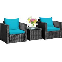 Costway - 3PCS Patio Rattan Wicker Furniture Set Sofa Table W/Cushion - Turquoise