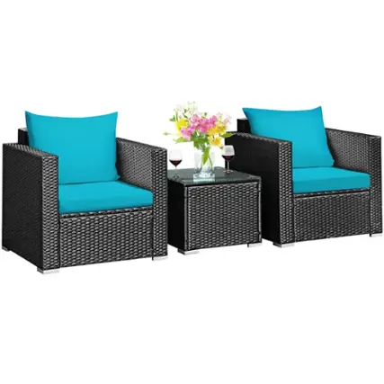 Costway - 3PCS Patio Rattan Wicker Furniture Set Sofa Table W/Cushion - Turquoise