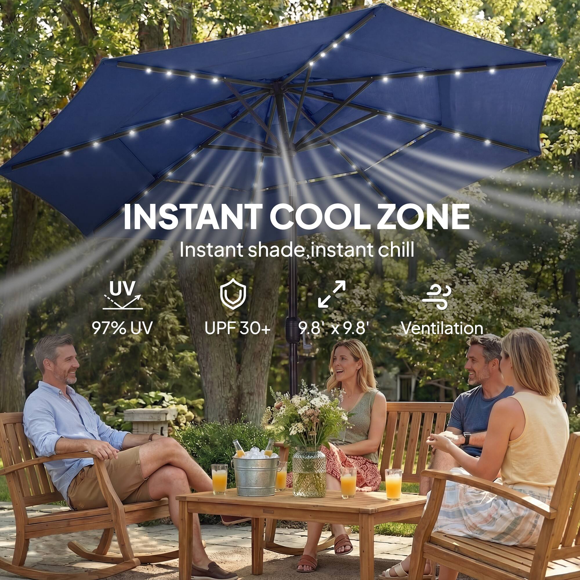 INSTANT COOL ZONE  
Instant shade, instant chill  
97% UV  
UPF 30+  
9.8' x 9.8'  
Ventilation