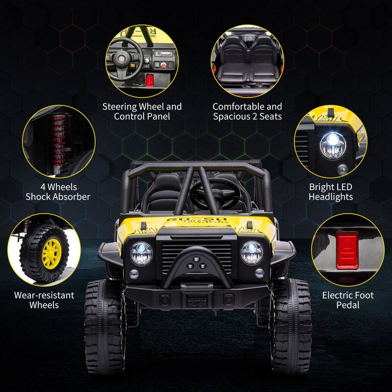 - Steering Wheel and Control Panel
- Comfortable and Spacious 2 Seats
- 4 Wheels Shock Absorber
- Bright LED Headlights
- Wear-resistant Wheels
- Electric Foot Pedal