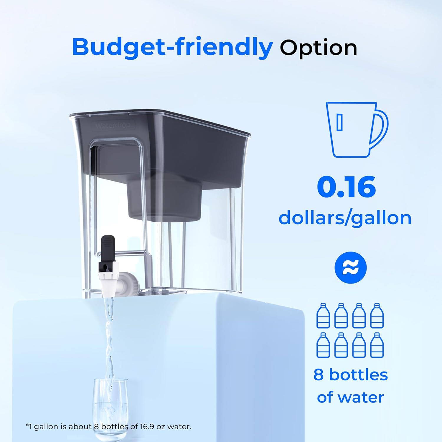 Budget-friendly Option  
Waterdrop  
0.16 dollars/gallon  
8 bottles of water  
*1 gallon is about 8 bottles of 16.9 oz water.
