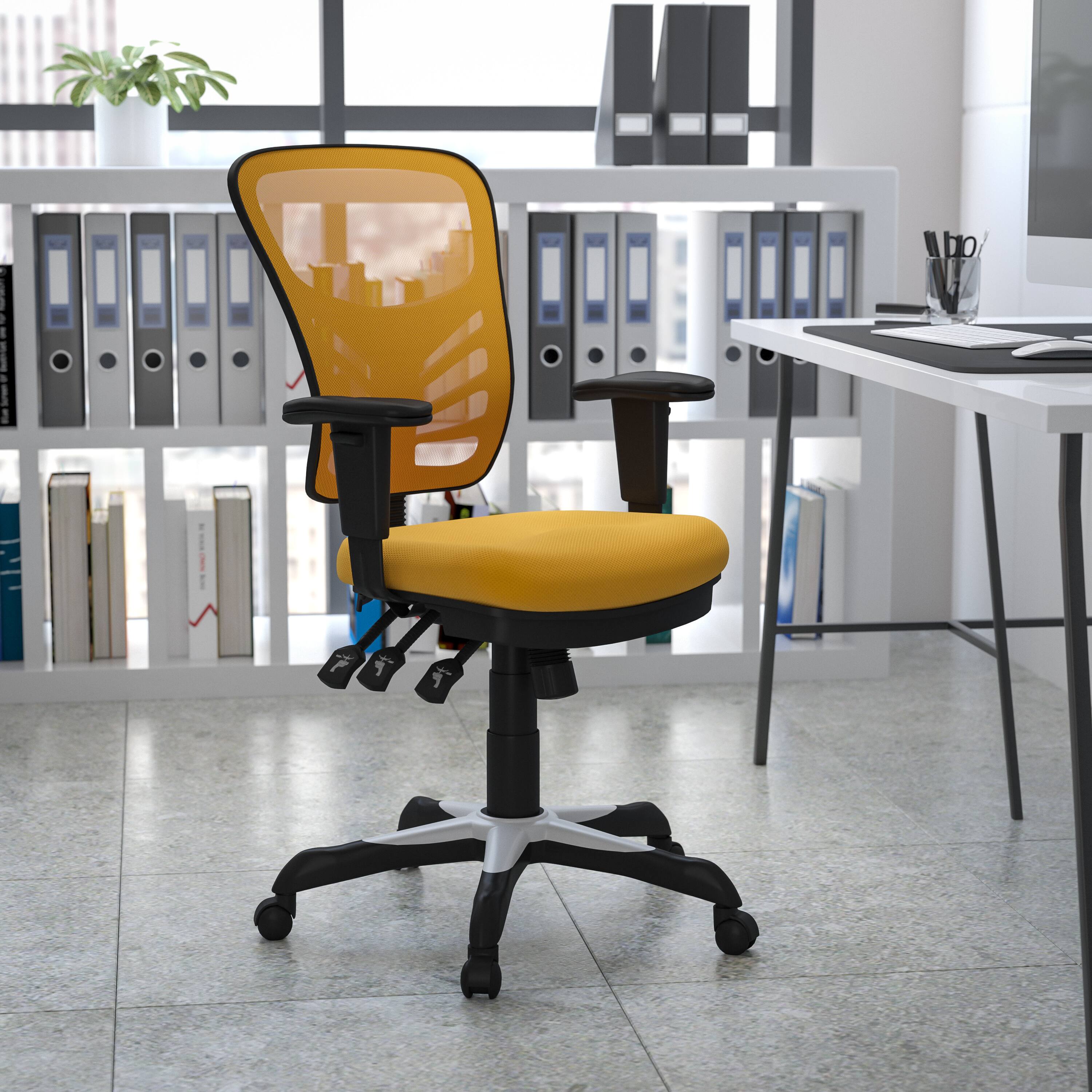 Alt View 1. Emma + Oliver - Mid-Back Mesh Triple Paddle Swivel Ergonomic Office Chair with Adjustable Arms - Yellow-Orange/Black Frame.