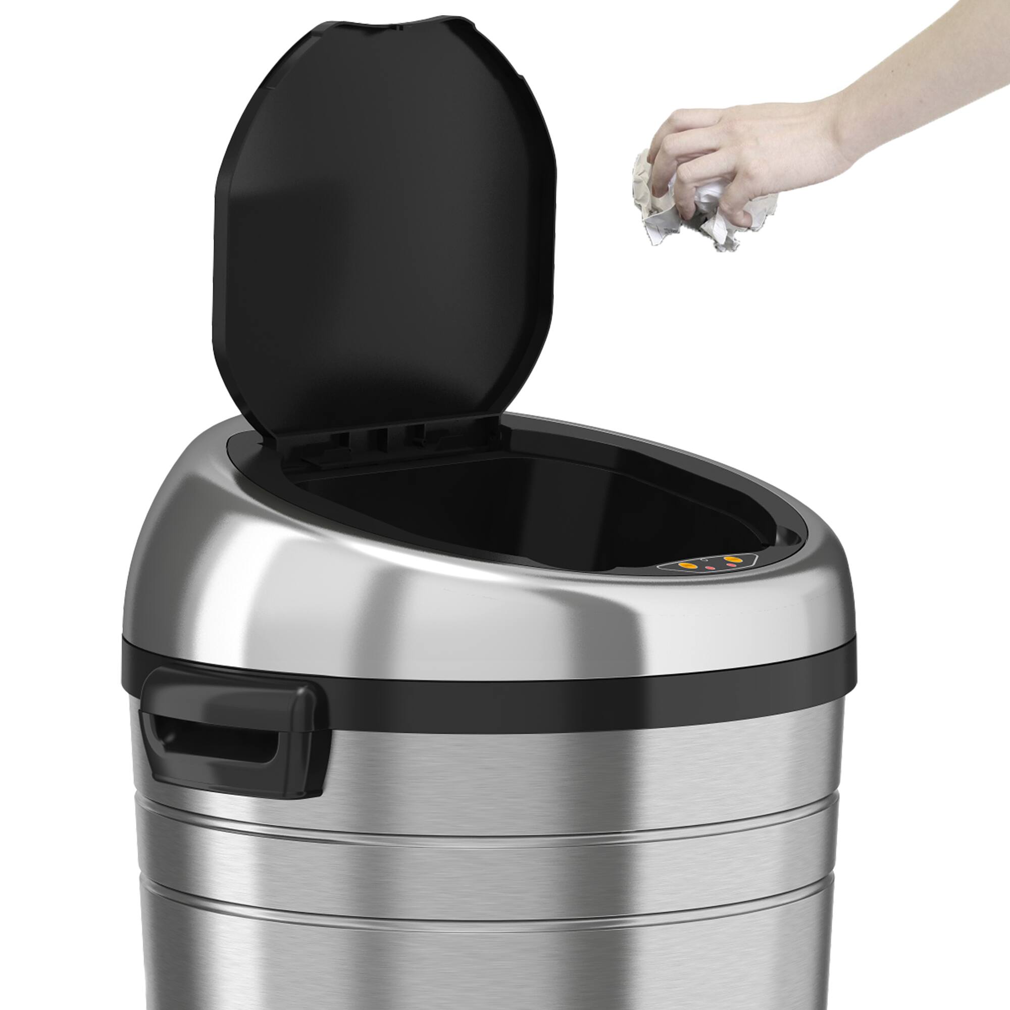 Left. iTouchless - 18-Gal. Touchless Round Trash Can - Stainless Steel.