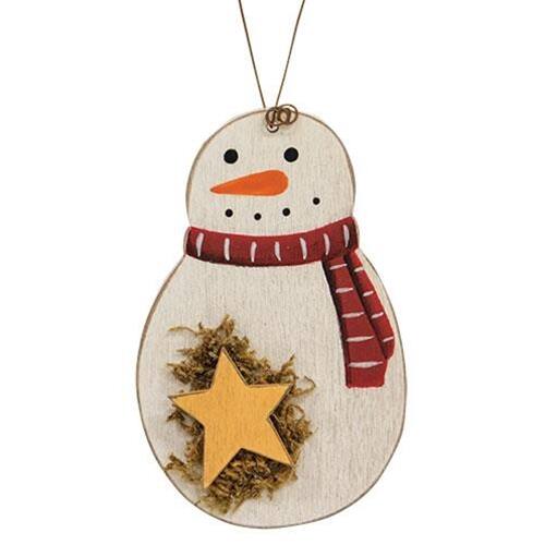Front. BreeBe - Roly Poly Wooden Snowman Ornament w/star - White.