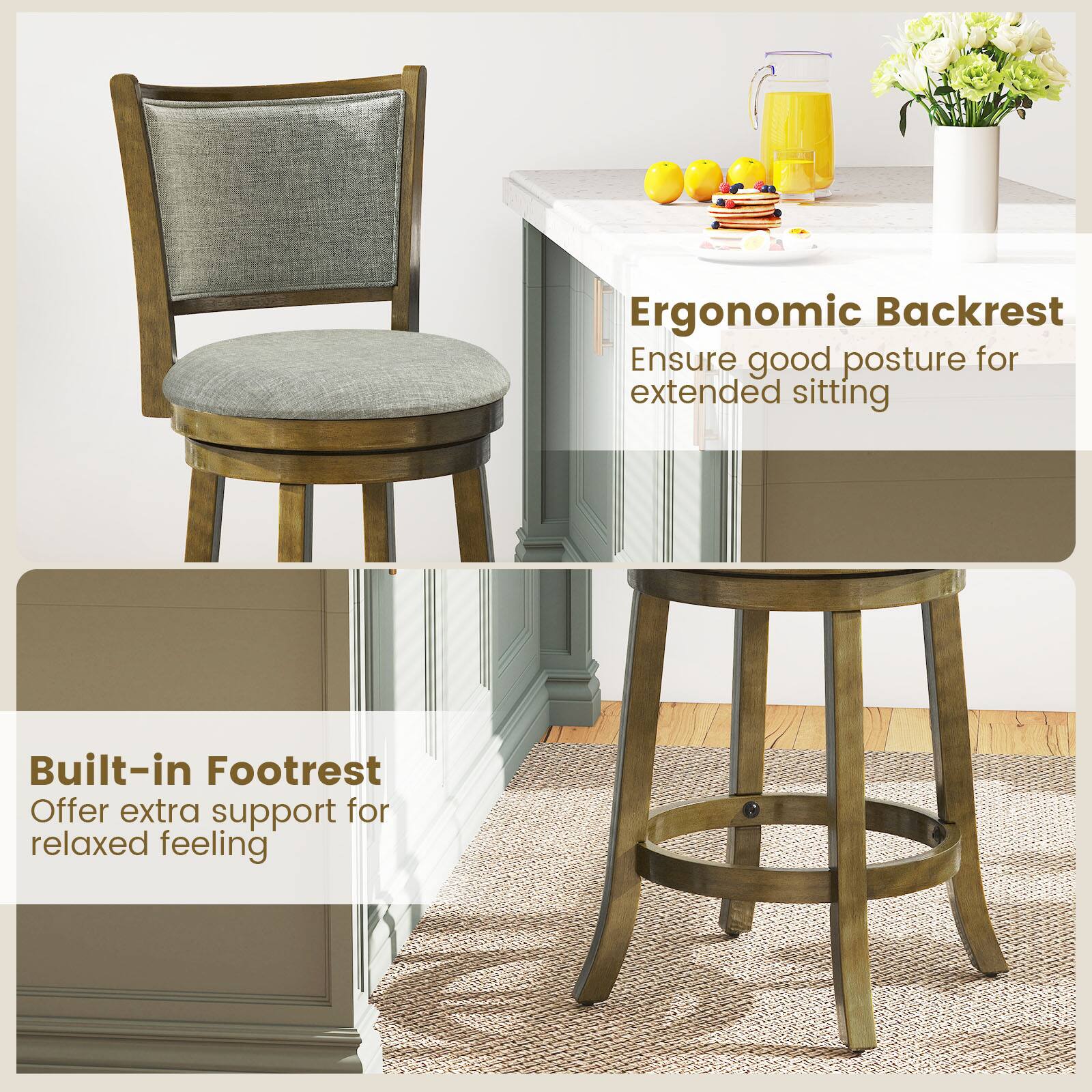 Ergonomic Backrest  
Ensure good posture for extended sitting  

Built-in Footrest  
Offer extra support for relaxed feeling