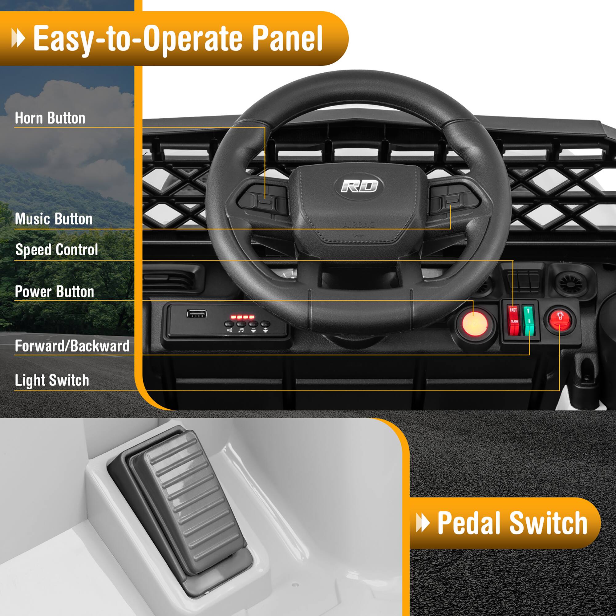 Easy-to-Operate Panel

- Horn Button
- Music Button
- Speed Control
- Power Button
- Forward/Backward
- Light Switch

Pedal Switch