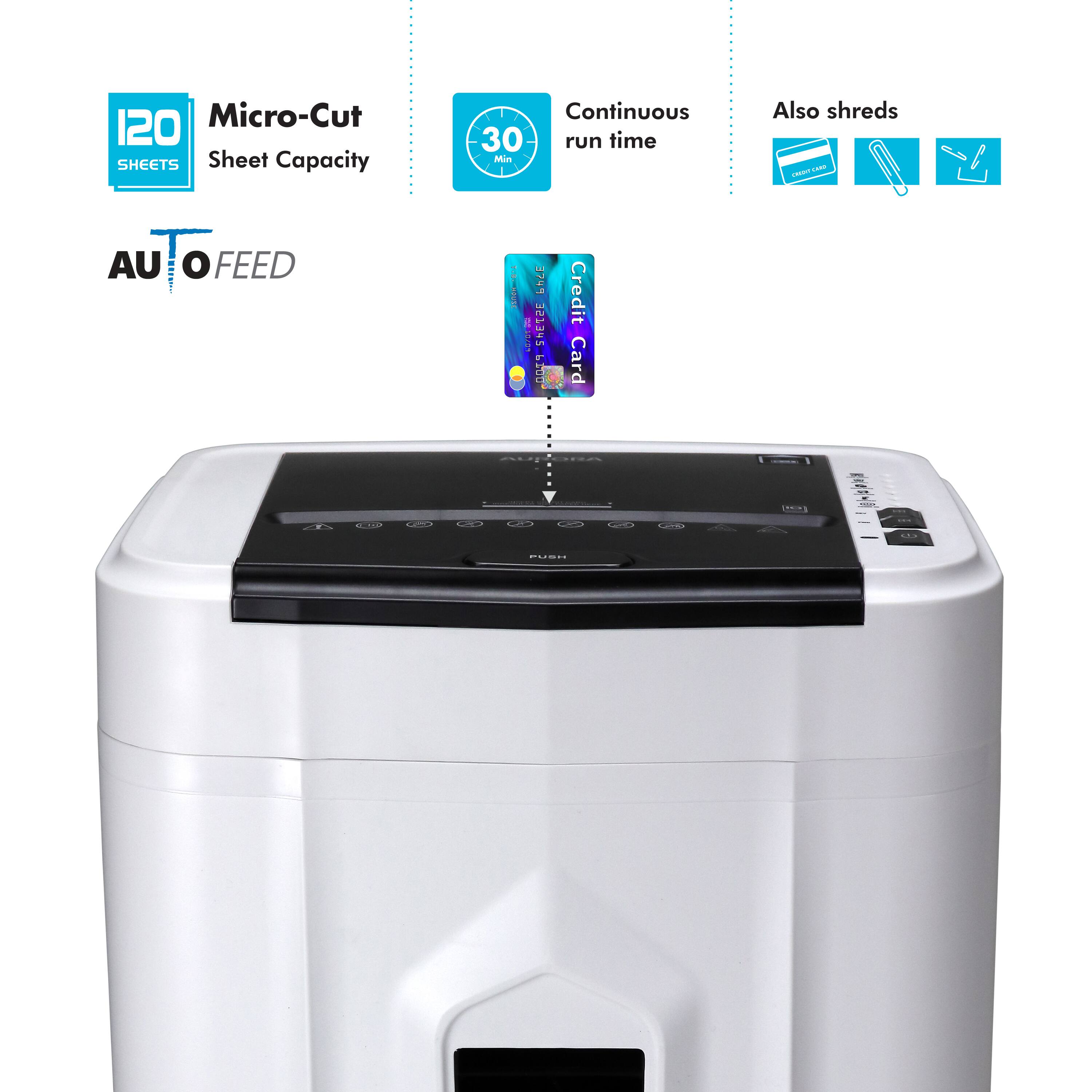 120 Micro-Cut SHEETS Sheet Capacity Continuous 30 run time Min Also shreds - - -- AU Jo o FEED i 3749 ME12/0 3573-2 - I Credit Card . - 500808507 adis da - COOE