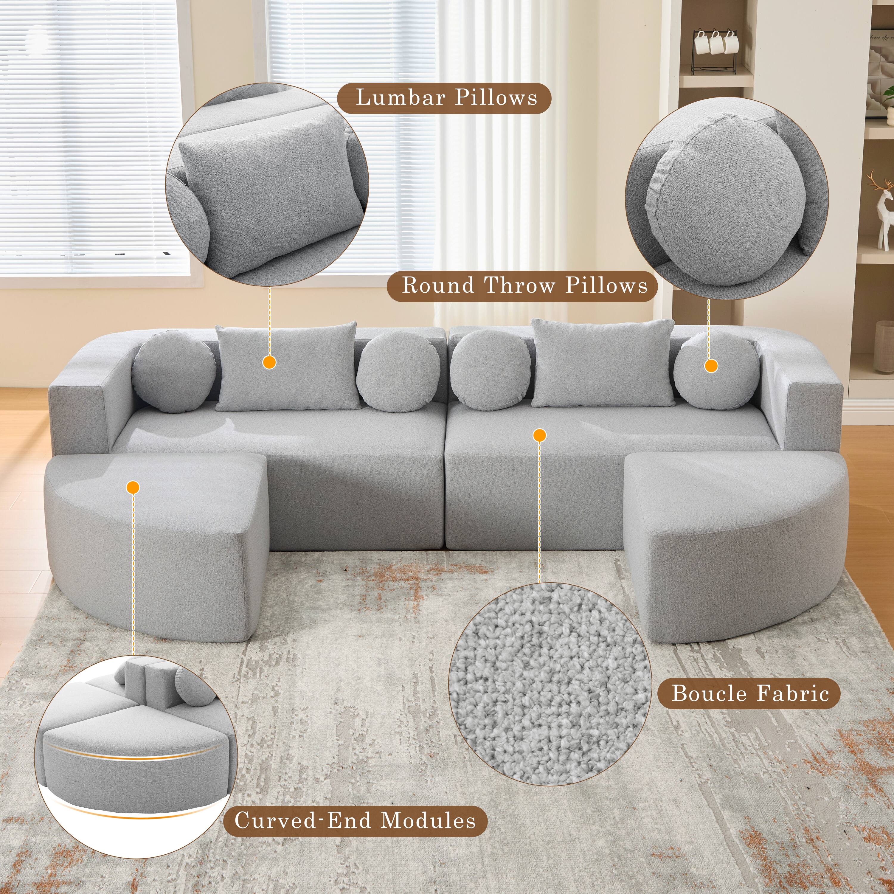 Lumbar Pillows, Round Throw Pillows, Boucle Fabric, Curved-End Modules
