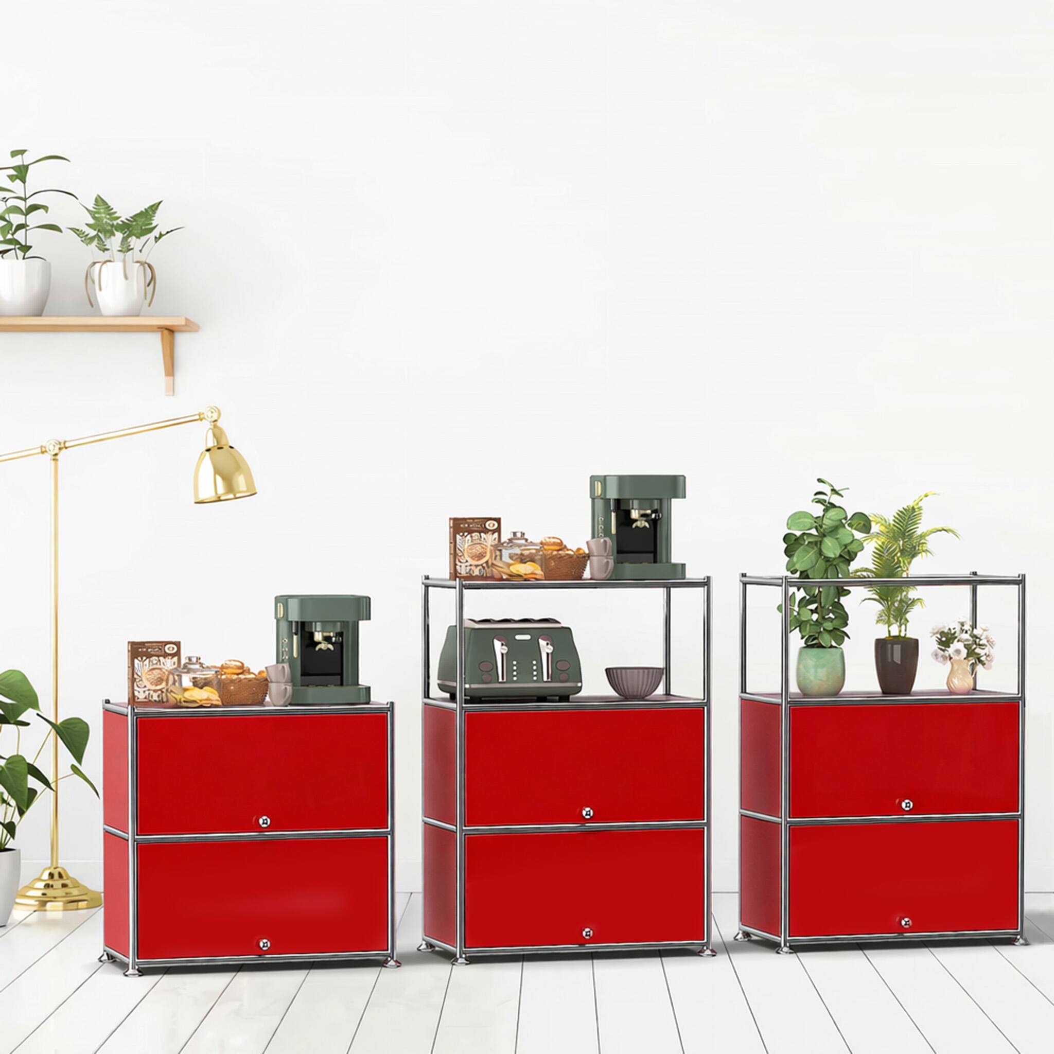 Alt View 4. Malletson - 3 Tier Modular Metal Sideboard Storage Cabinet, Modern Grid-Style, for Dining Room, Living Room or Office - Red.