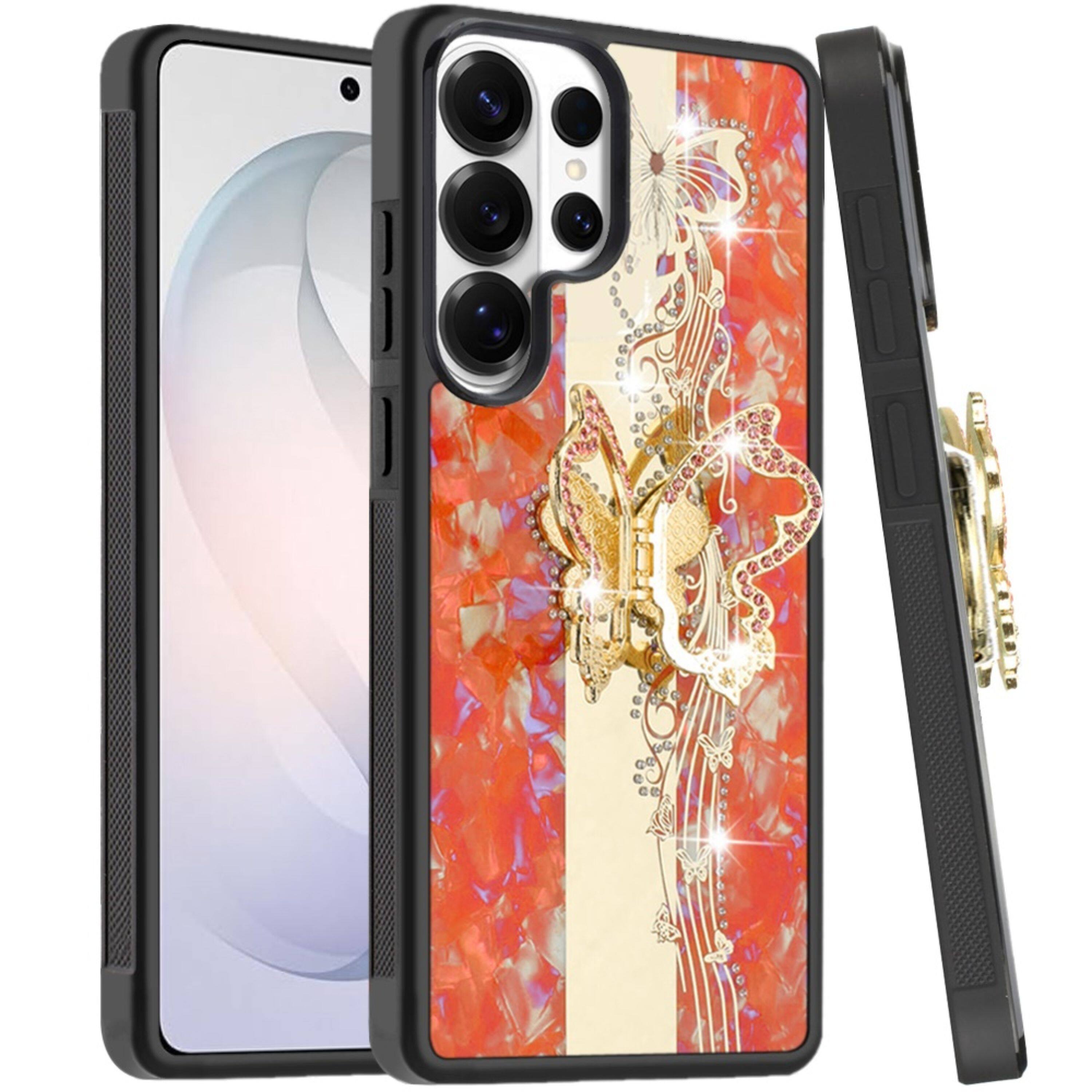 Angle. Kitcheniva - Rhinestone Bling Decor Glitter Cover Plus Tempered Glass For Samsung S26 Ultra Enchanted Butterfly Cosmic Orange - Cosmic Orange.