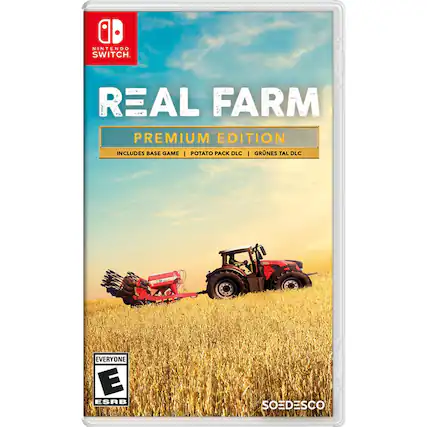 NINTENDO SWITCH
REAL FARM
PREMIUM EDITION
INCLUDES BASE GAME | POTATO PACK DLC | GRÜNES TAL DLC
EVERYONE E ESRB
SOEDESCO - E (Everyone)