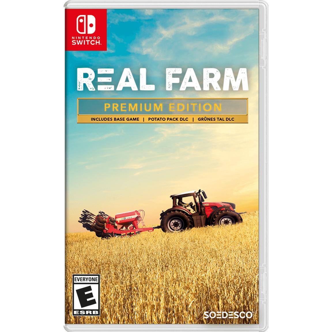 NINTENDO SWITCH  
REAL FARM  
PREMIUM EDITION  
INCLUDES BASE GAME | POTATO PACK DLC | GRÜNES TAL DLC  
EVERYONE E ESRB  
SOEDESCO - E (Everyone)