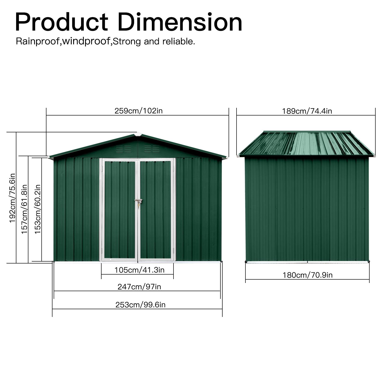 Product Dimension  
Rainproof, windproof, Strong and reliable.  

- 259cm/102in  
- 189cm/74.4in  
- 192cm/75.6in  
- 8in  
- 157cm/61.8in  
- 153cm/60.2in  
- 105cm/41.3in  
- 247cm/97in  
- 180cm/70.9in  
- 253cm/99.6in