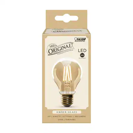FEIT Electric
LED
ORIGINAL
VINTAGE STYLE BULB
LED
60W
REPLACEMENT
AMBER GLASS
A19 | 4 WATTS | 13.7 YEARS | 300 LUMENS | 2100K | DIMMABLE