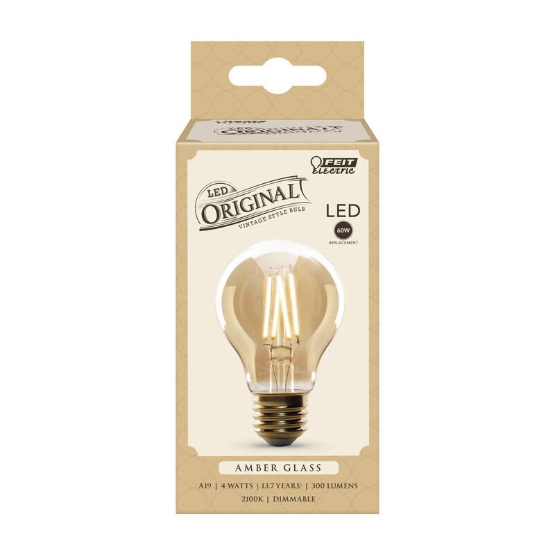 FEIT Electric  
LED  
ORIGINAL  
VINTAGE STYLE BULB  

LED  
60W  
REPLACEMENT  

AMBER GLASS  
A19 | 4 WATTS | 13.7 YEARS | 300 LUMENS | 2100K | DIMMABLE