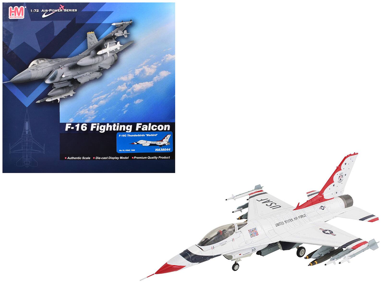 Hobby Master - Lockheed F-16C Fighting Falcon "No.10 Thunderbirds Warbird" USAF "Air Power Series" 1/72 - White, Red, Grey