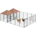 Front. Pawhut - Dog Kennel Outside with 2 Rooms, Large Outdoor Dog Kennel Run, Rotating Adjustable Height Bowls, Waterproof UV-Resistant.