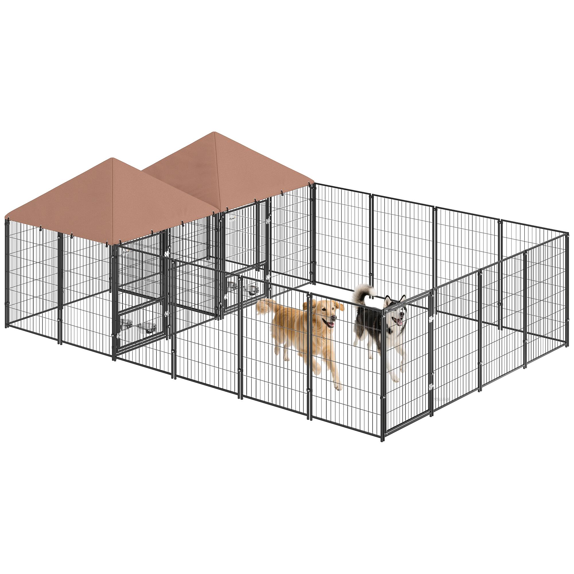 Front. Pawhut - Dog Kennel Outside with 2 Rooms, Large Outdoor Dog Kennel Run, Rotating Adjustable Height Bowls, Waterproof UV-Resistant.