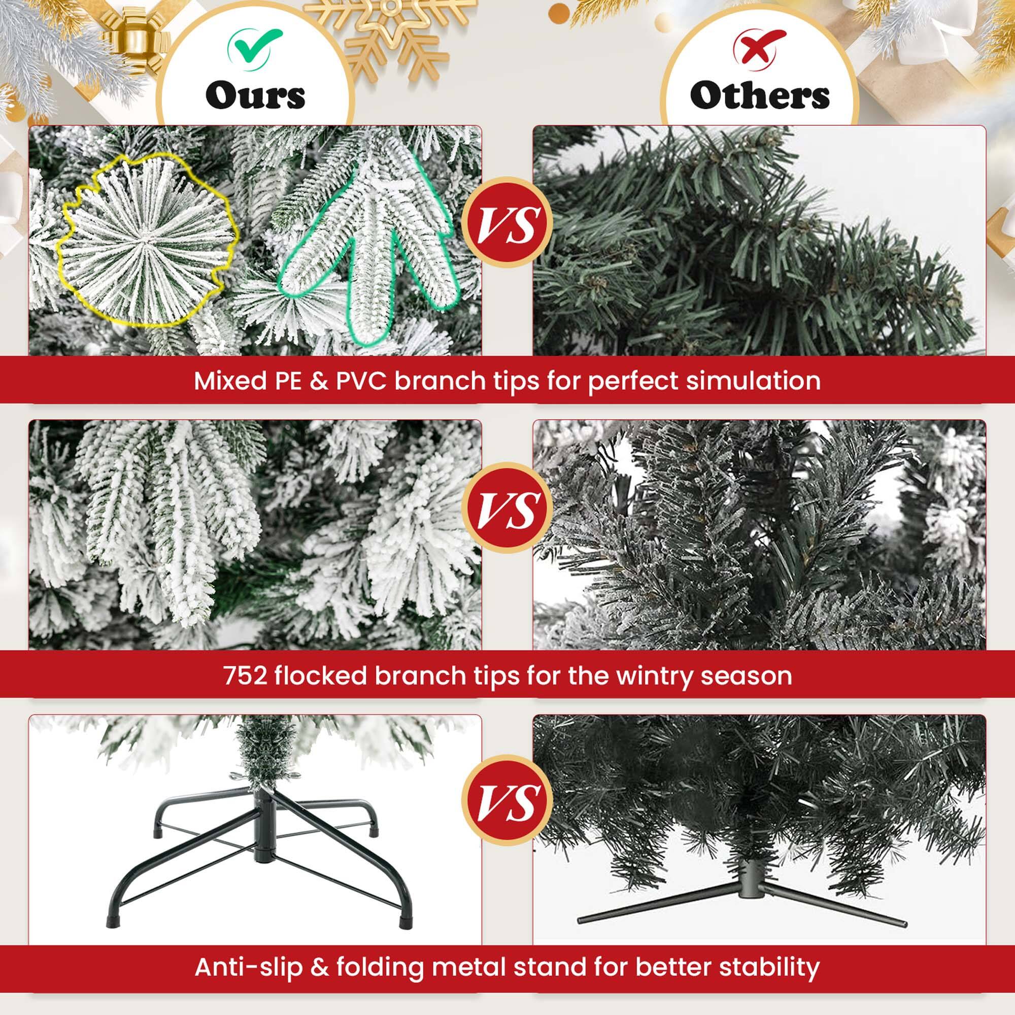 Ours Others VS Mixed PE & PVC branch tips for perfect simulation VS 752 flocked branch tips for the wintry season VS Anti-slip & folding metal stand for better stability