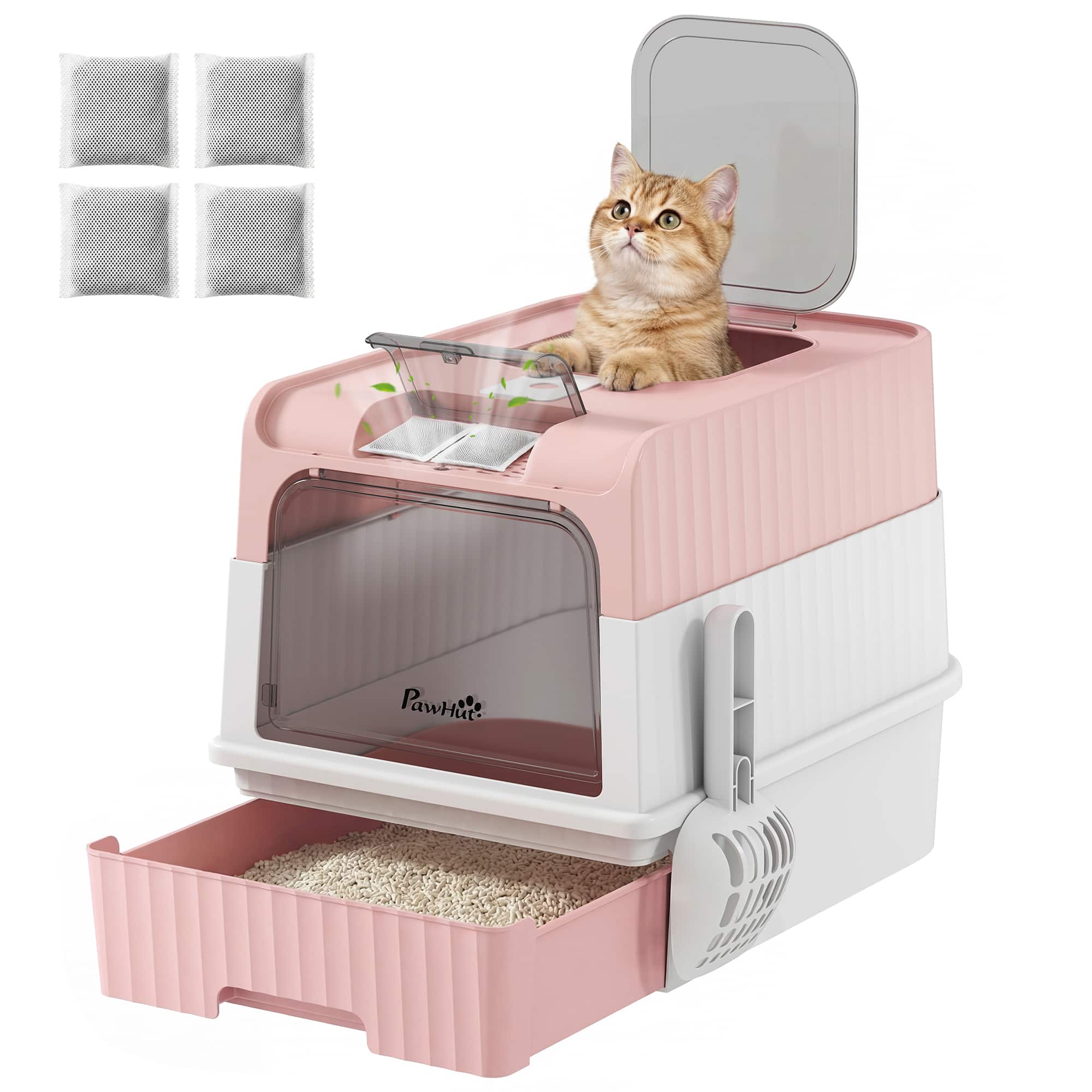 Pawhut - Litter Box Hooded Cat Litter Tray with Drawer Pan Front Entry & Top Exit Easy Cleaning - Pink