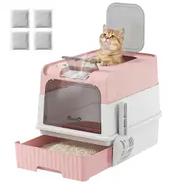 Pawhut - Litter Box Hooded Cat Litter Tray with Drawer Pan Front Entry & Top Exit Easy Cleaning - Pink