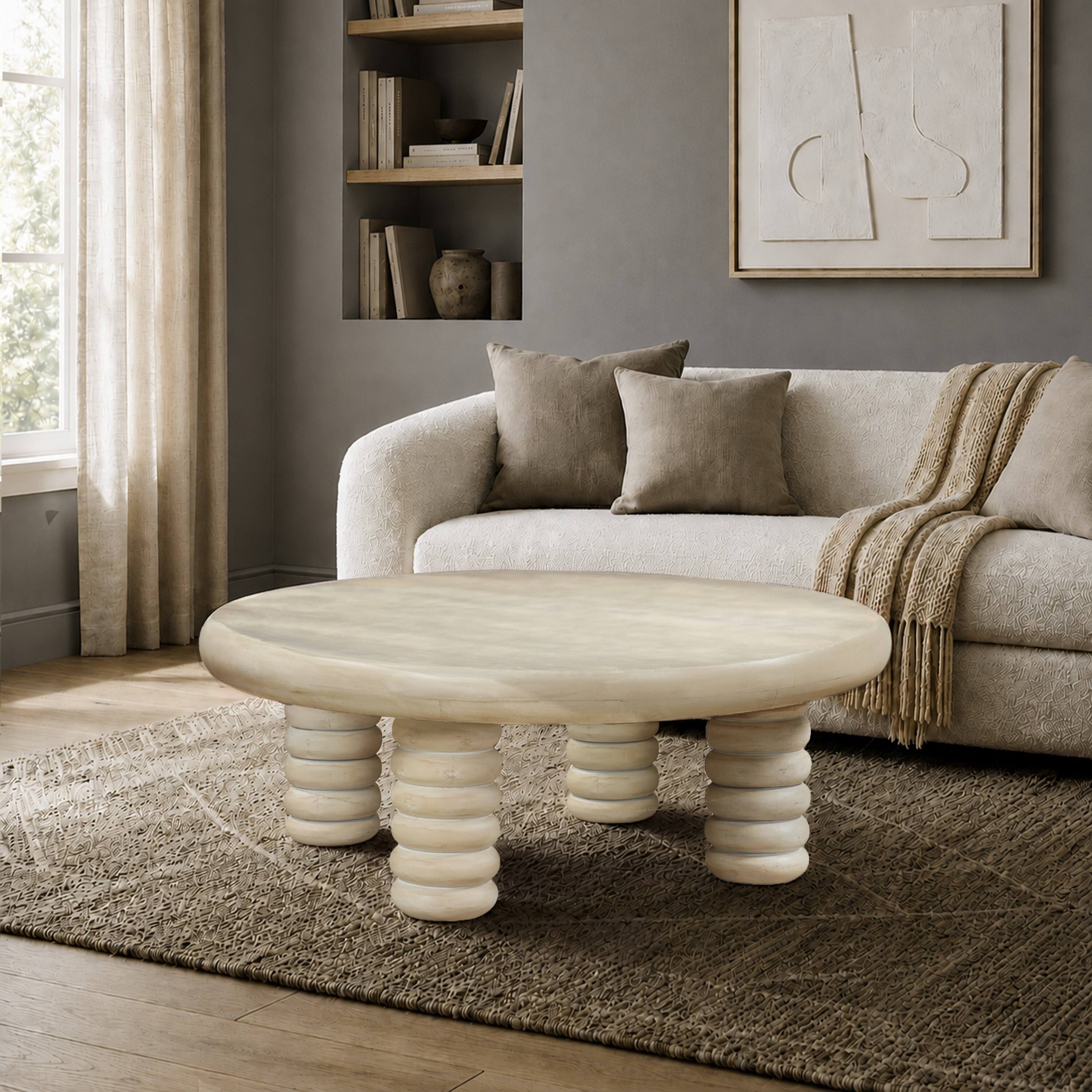Alt View 3. Manhattan Lane - 44 Inch Round Coffee Table, Stacked Beaded Legs - Antique White.