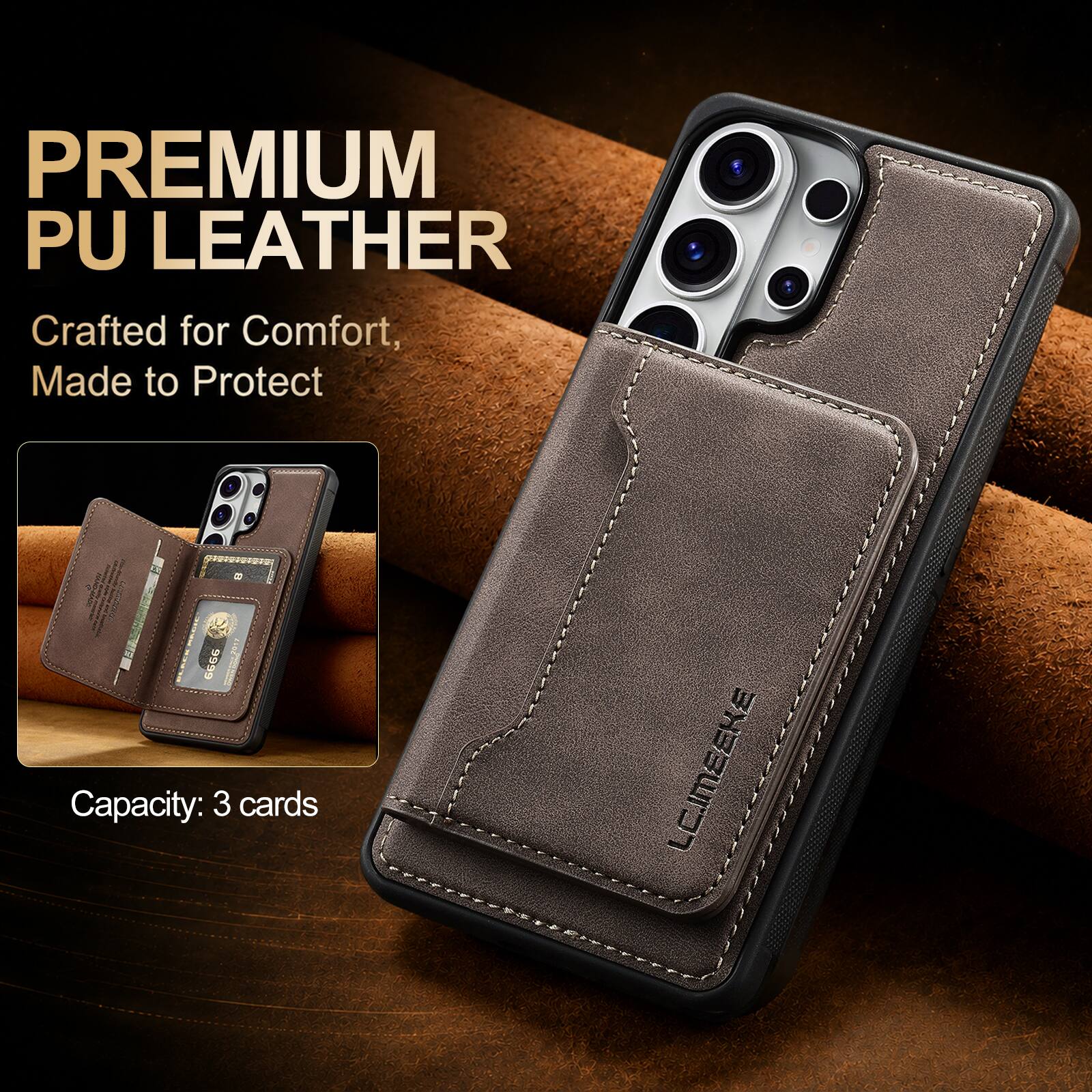 PREMIUM PU LEATHER  
Crafted for Comfort, Made to Protect  

Capacity: 3 cards  

LC.IMEEKE